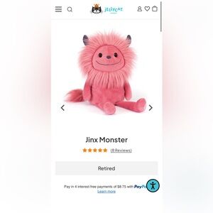 BNWT Jellycat Jinx Monster Plush in Pink